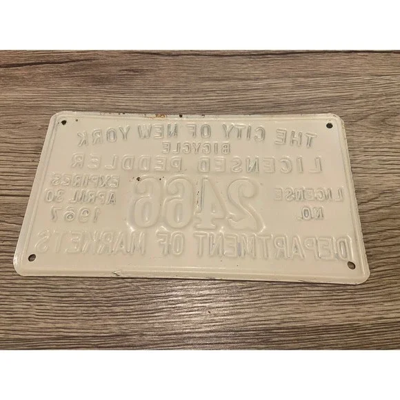 Vintage 1967 New York City Push Cart Licensed Peddler License Plate White Black